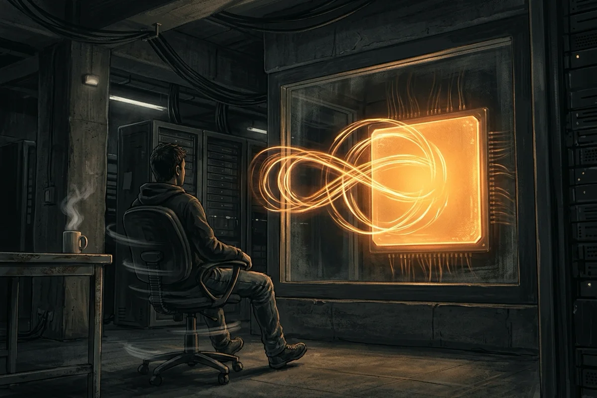 Illustration sombre : une personne vue de dos, assise dans une salle serveur, observe derrière une vitre une grande plaque carrée de silicium éclairée en ambre doré, d'où sortent des rubans de lumière qui bouclent sur eux-mêmes ; une tasse de café fume à côté d'elle.