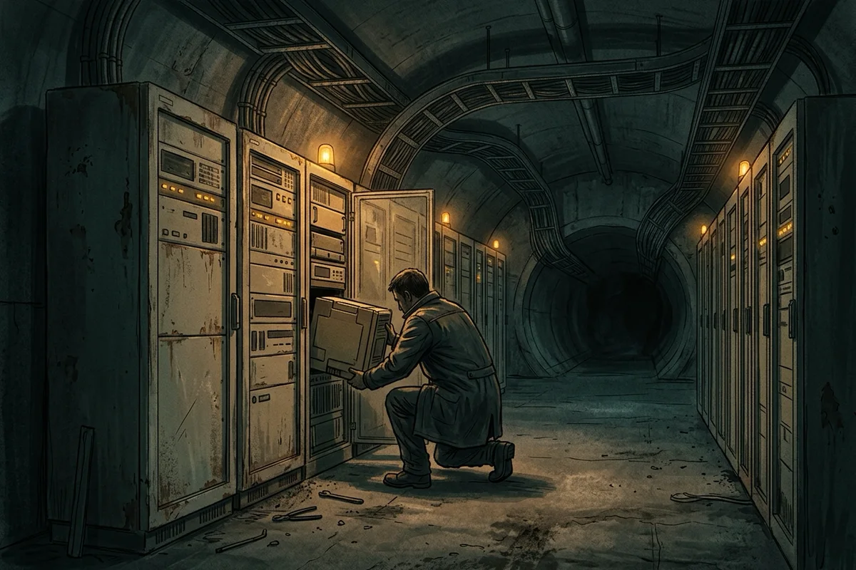 Illustration sombre d'une salle de contrôle souterraine remplie d'armoires informatiques industrielles anciennes ; un technicien accroupi remplace un module dans une baie ouverte, éclairé par des voyants ambrés, avec des chemins de câbles menant à un tunnel circulaire au fond.