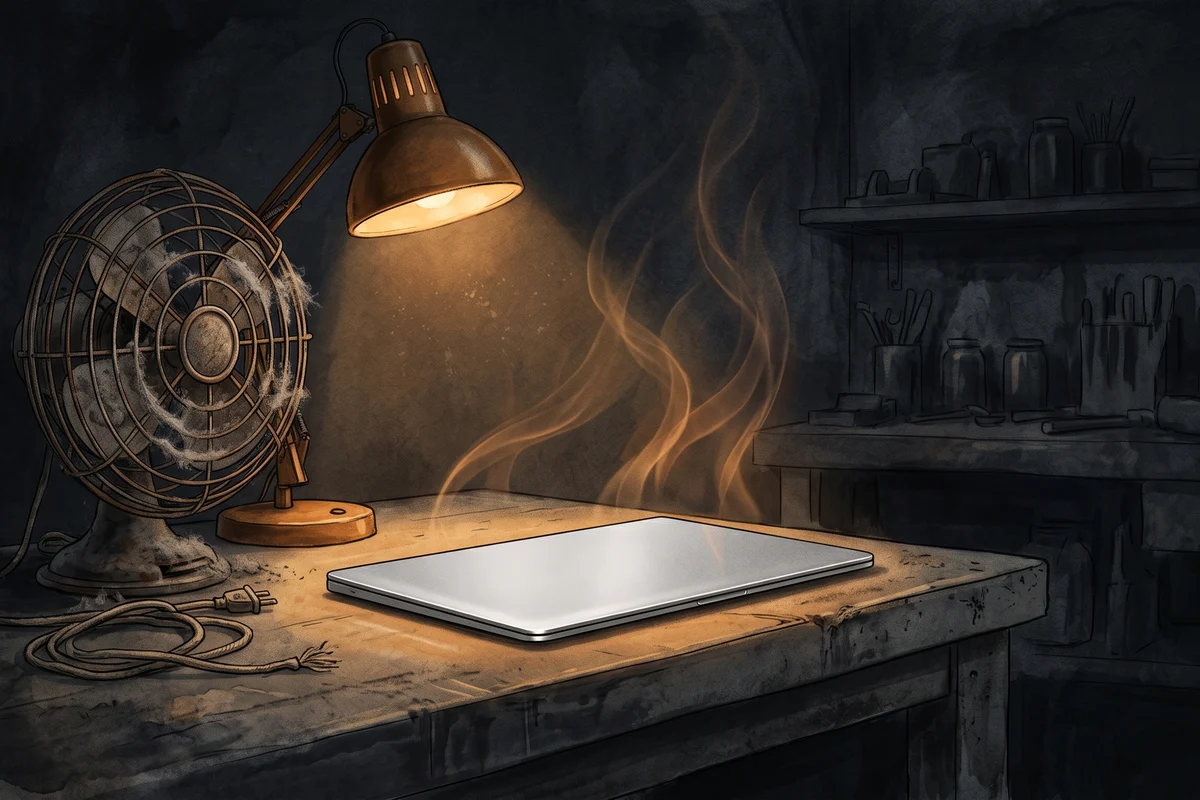 An ultrathin 14-inch laptop concept held up by one corner between two fingers, its underside showing no ventilation grille.