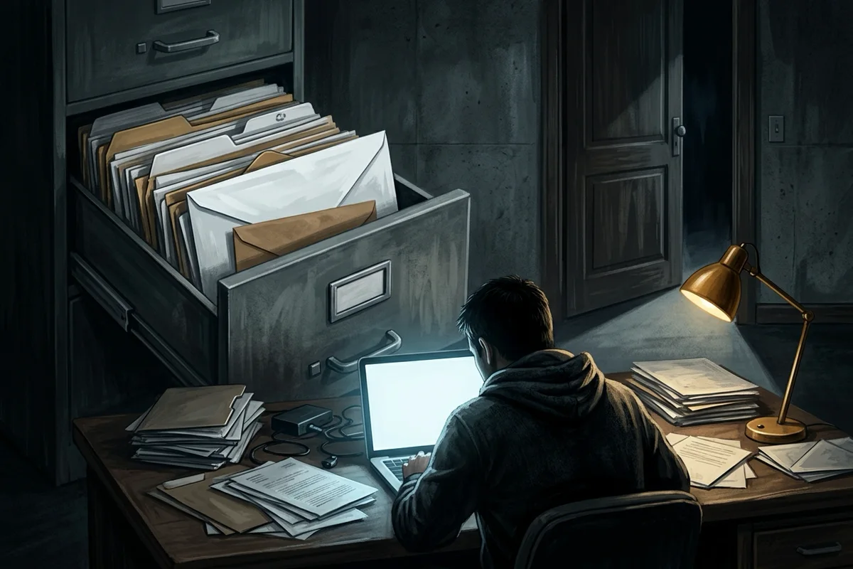 Un administrateur vu de dos, dans un bureau sombre la nuit, penché sur un ordinateur portable. Derrière lui, un tiroir de classeur ouvert débordant d'enveloppes, dont l'une en dissimule une autre, non identifiée. Une lampe de bureau à la lumière ambrée éclaire la scène et projette une ombre vers une porte entrouverte.