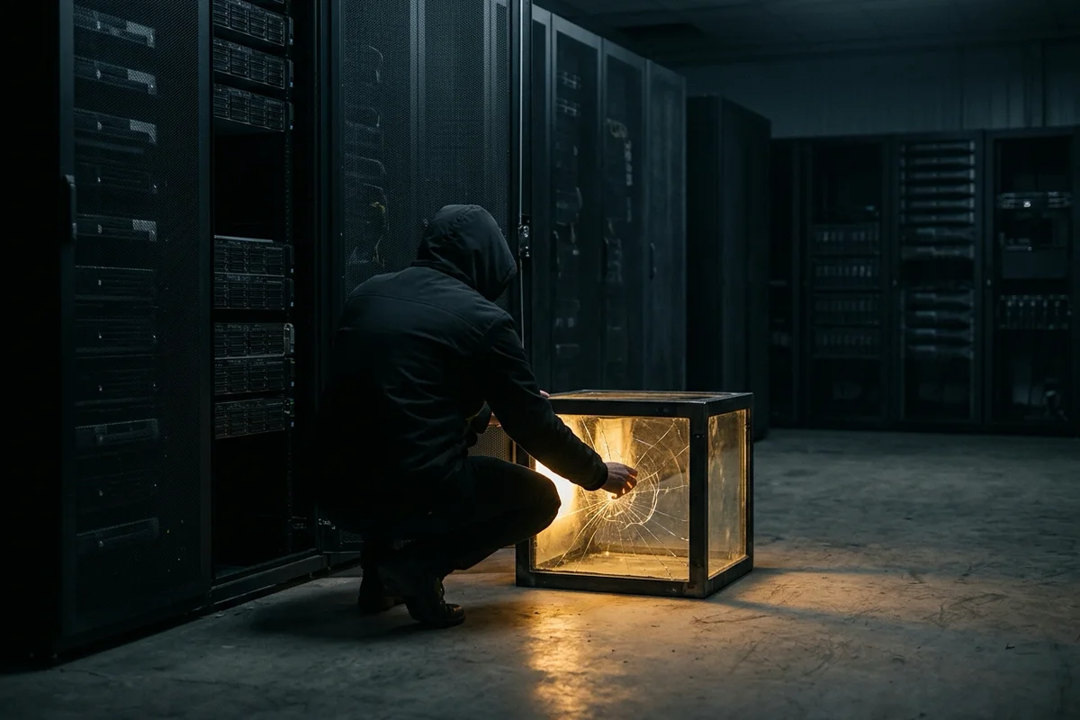 Dans une salle serveur sombre, un technicien vu de dos, accroupi près d'une baie ouverte, observe au sol un caisson de verre fissuré de l'intérieur d'où s'échappe une lumière ambrée.