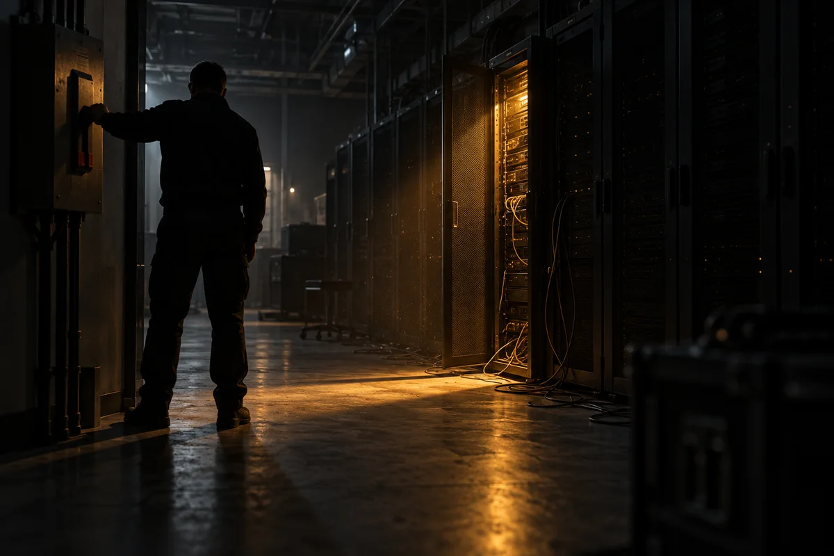 Dans une salle serveurs plongée dans la pénombre, une personne vue de dos en silhouette abaisse un gros interrupteur d'alimentation. La plupart des voyants des baies sont éteints ; une seule lueur ambrée s'échappe d'une porte de baie ouverte et éclaire le sol en béton.