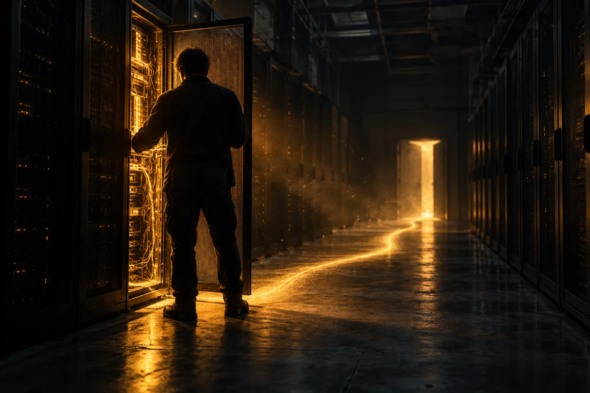 Couloir sombre d'une salle de serveurs la nuit, un technicien de dos devant des baies éteintes ; la porte d'une armoire est ouverte et laisse échapper une lumière ambrée qui court sur le sol vers une sortie.