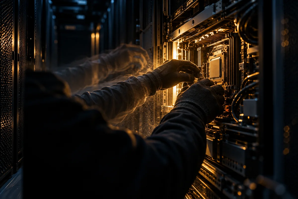 Illustration of a CPU branch predictor following a stale target, evoking the BTR Spectre v2 variant leaking a Linux root password hash