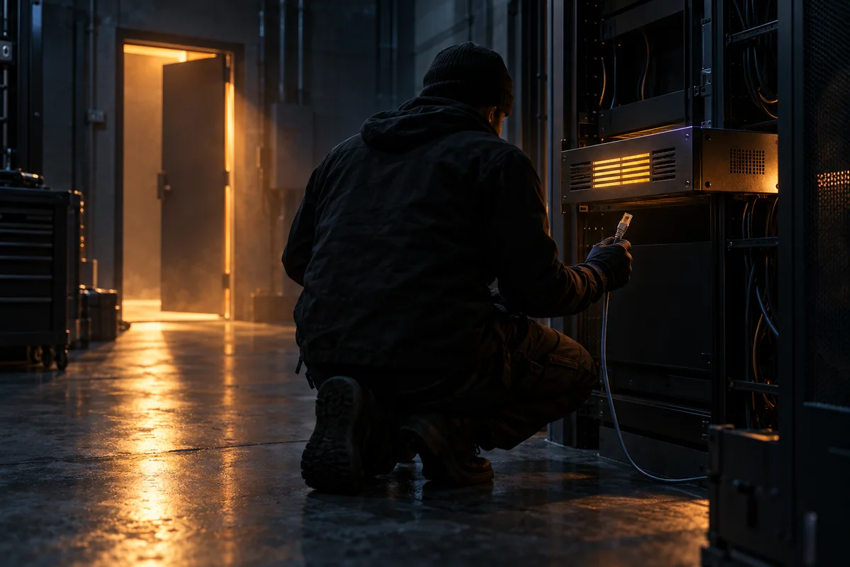 Dans une salle serveurs sombre, un technicien vu de dos, agenouillé devant un boîtier réseau fixé au mur dont les grilles d'aération luisent en ambre, un câble réseau débranché à la main ; derrière la baie, une porte de maintenance entrouverte laisse passer une lumière ambrée sur le sol en béton.