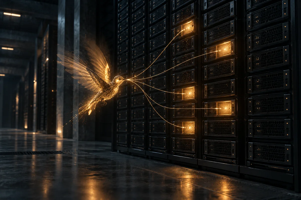 A hummingbird hovering beside an oversized nest packed with tiny glowing server racks, with the German and EU flags in the background