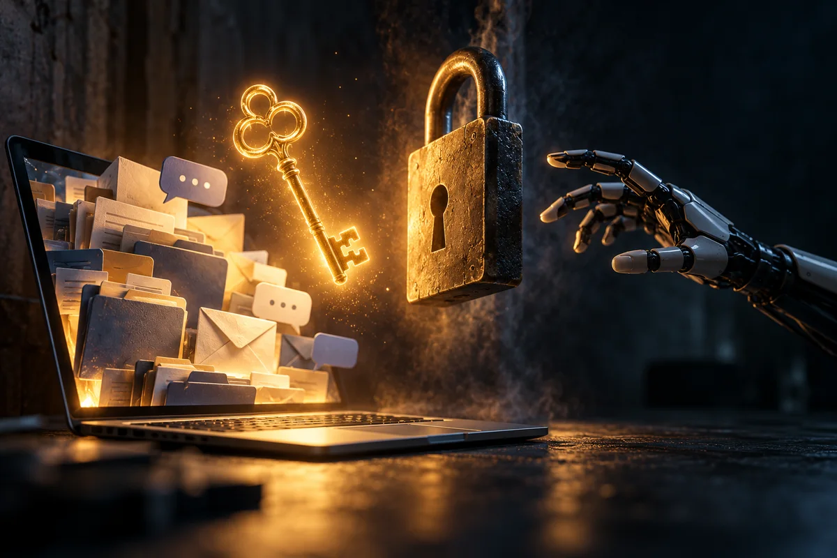 A MacBook with a glowing padlock on its screen, while a small AI robot holds out a master key toward the laptop
