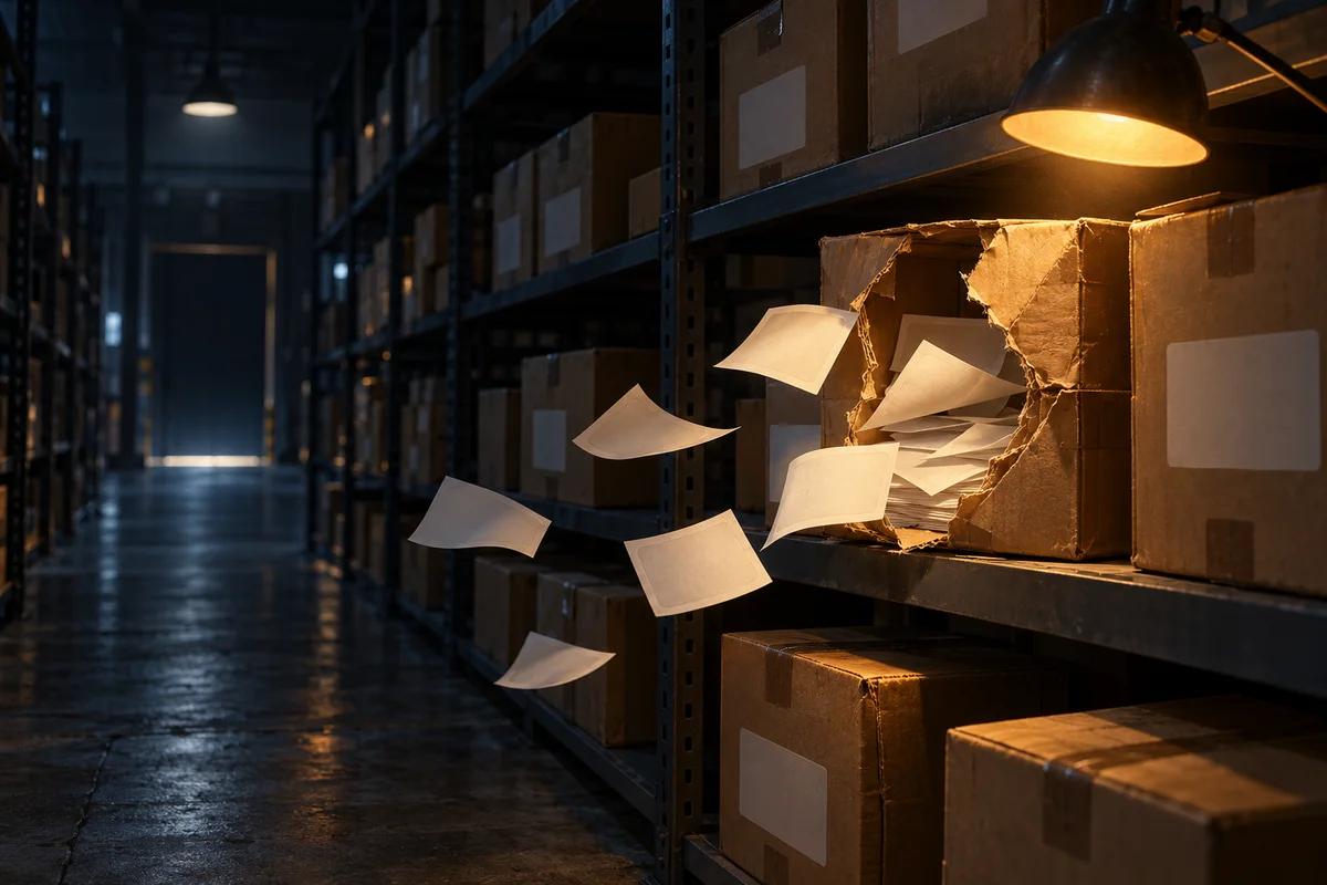 Une salle sombre aux étagères chargées de colis en carton. L'un d'eux est éventré et des étiquettes d'adresse vierges s'en échappent, éclairées par une lampe à la lumière ambrée.