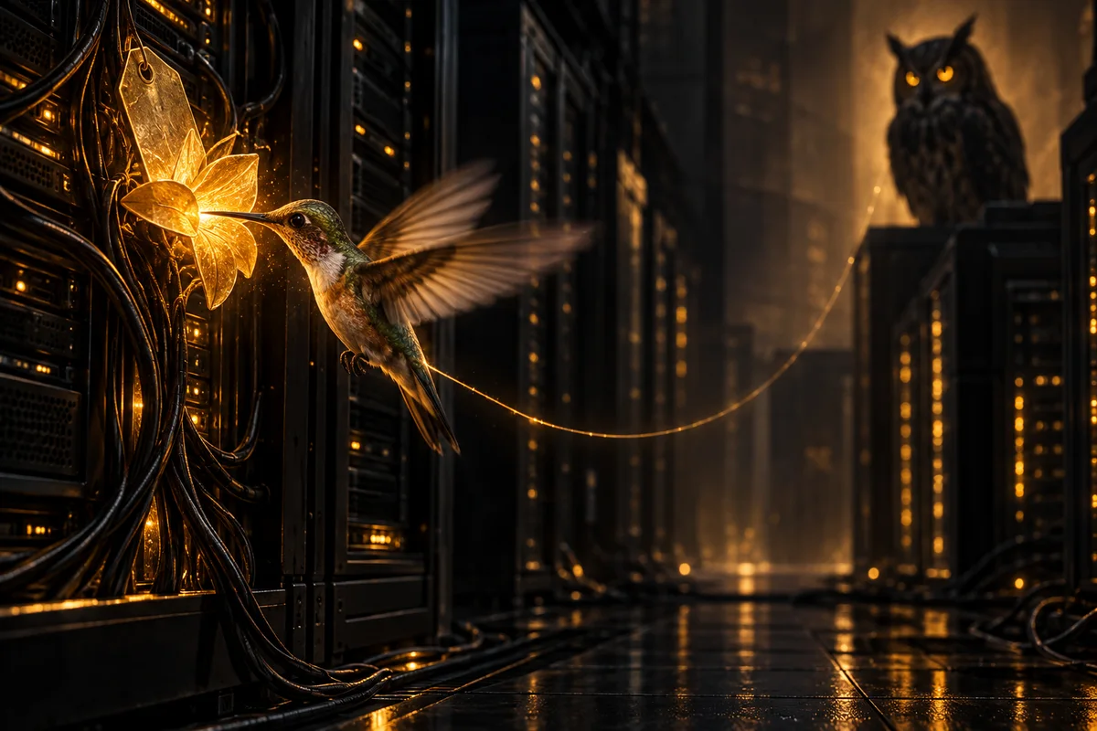 Un petit colibri rapide volant dans une salle serveurs sombre, butinant une étiquette de prix lumineuse couleur ambre, relié par un fil doré à la silhouette lointaine d'un hibou posé.
