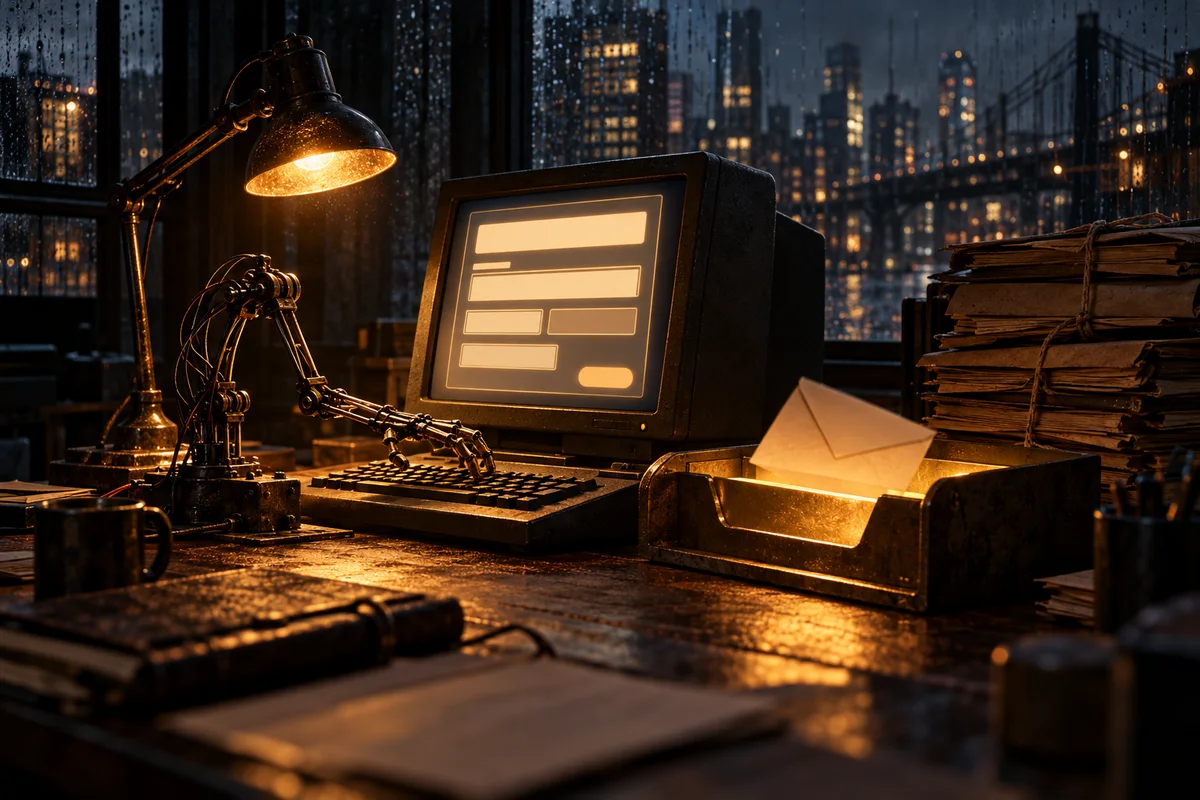 A laptop showing an online crime tip form being filled in automatically by an AI agent, with a police case file on an unsolved homicide beside it