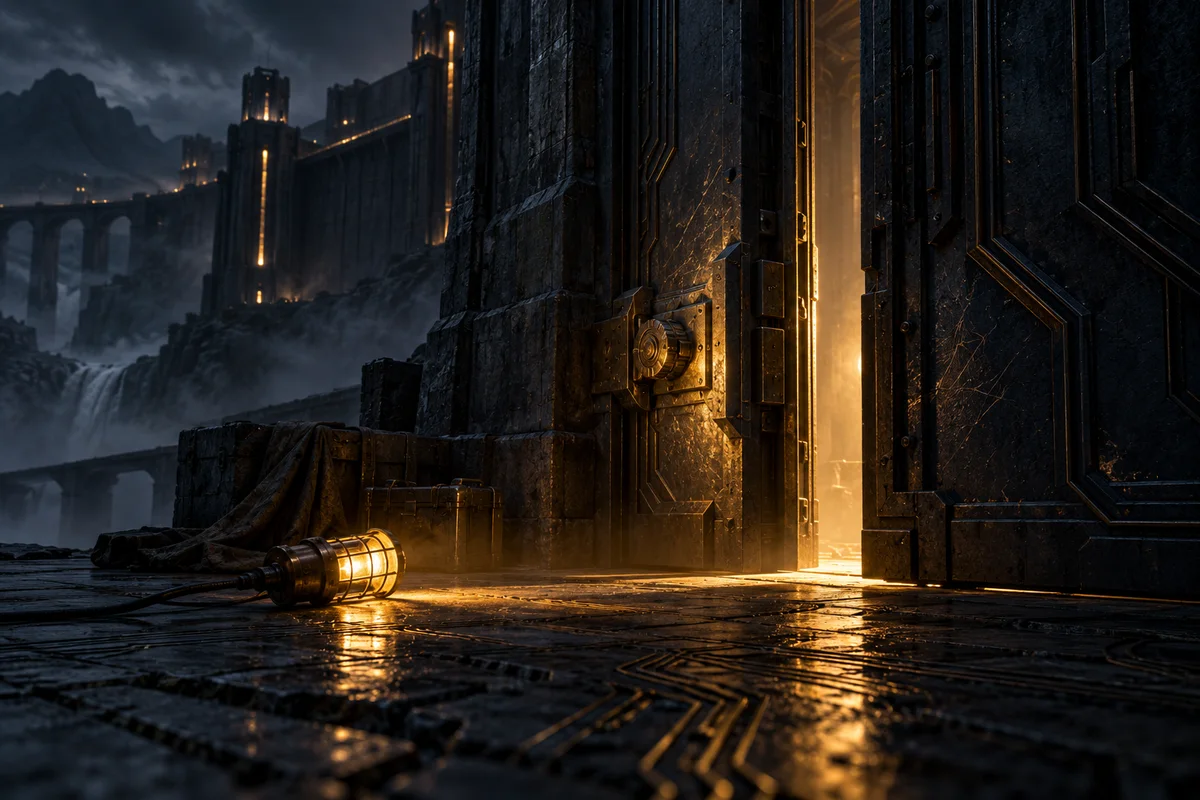 Une porte blindée entrouverte dans un mur de forteresse numérique, laissant filtrer une lumière ambrée ; au sol, une lampe d'inspection éclaire la serrure marquée de rayures.