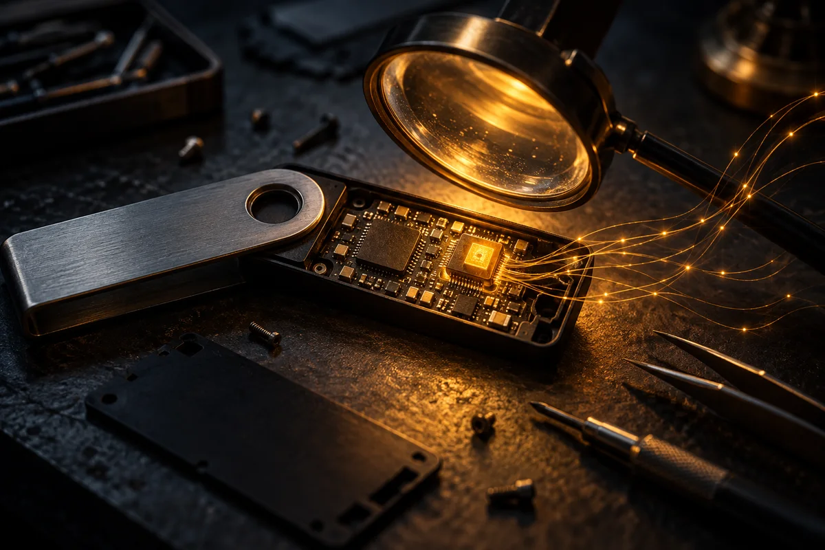 Un portefeuille matériel ouvert sur un établi sombre, dans lequel une petite puce étrangère éclairée en ambre se détache des circuits d'origine, sous une loupe.