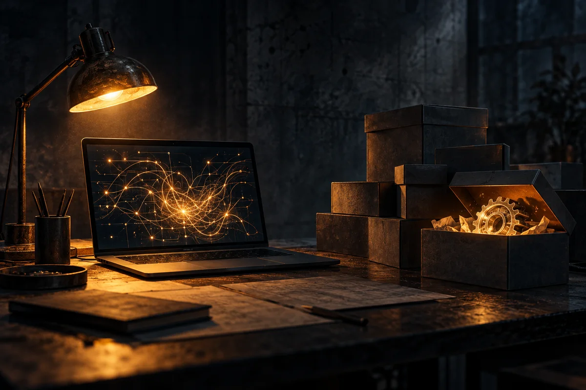 Bureau sombre éclairé par une lampe ambre, avec un ordinateur portable affichant des lignes de circuits lumineuses, des cartons non étiquetés et, dans l'un d'eux entrouvert, un engrenage encore inachevé.