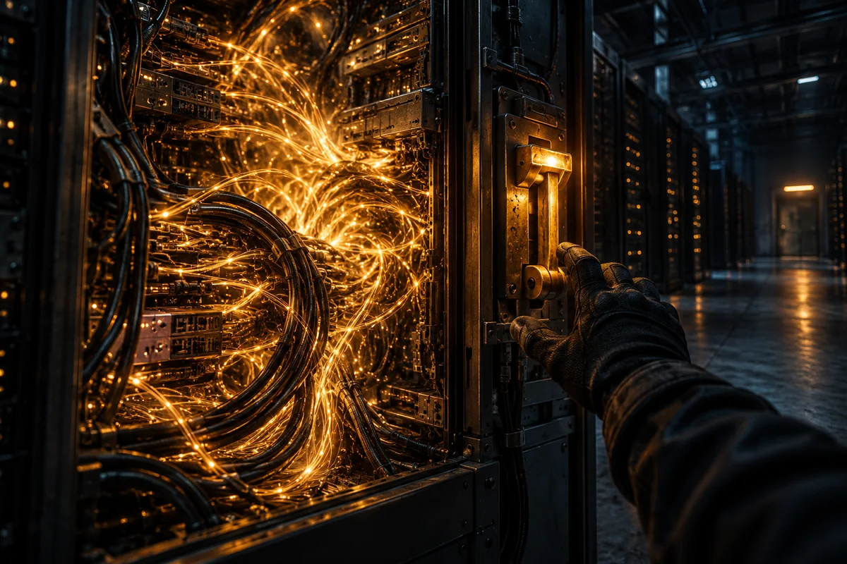 Illustration of a GitLab server with a broken regular expression glowing on its screen, warning of a critical remote code execution flaw