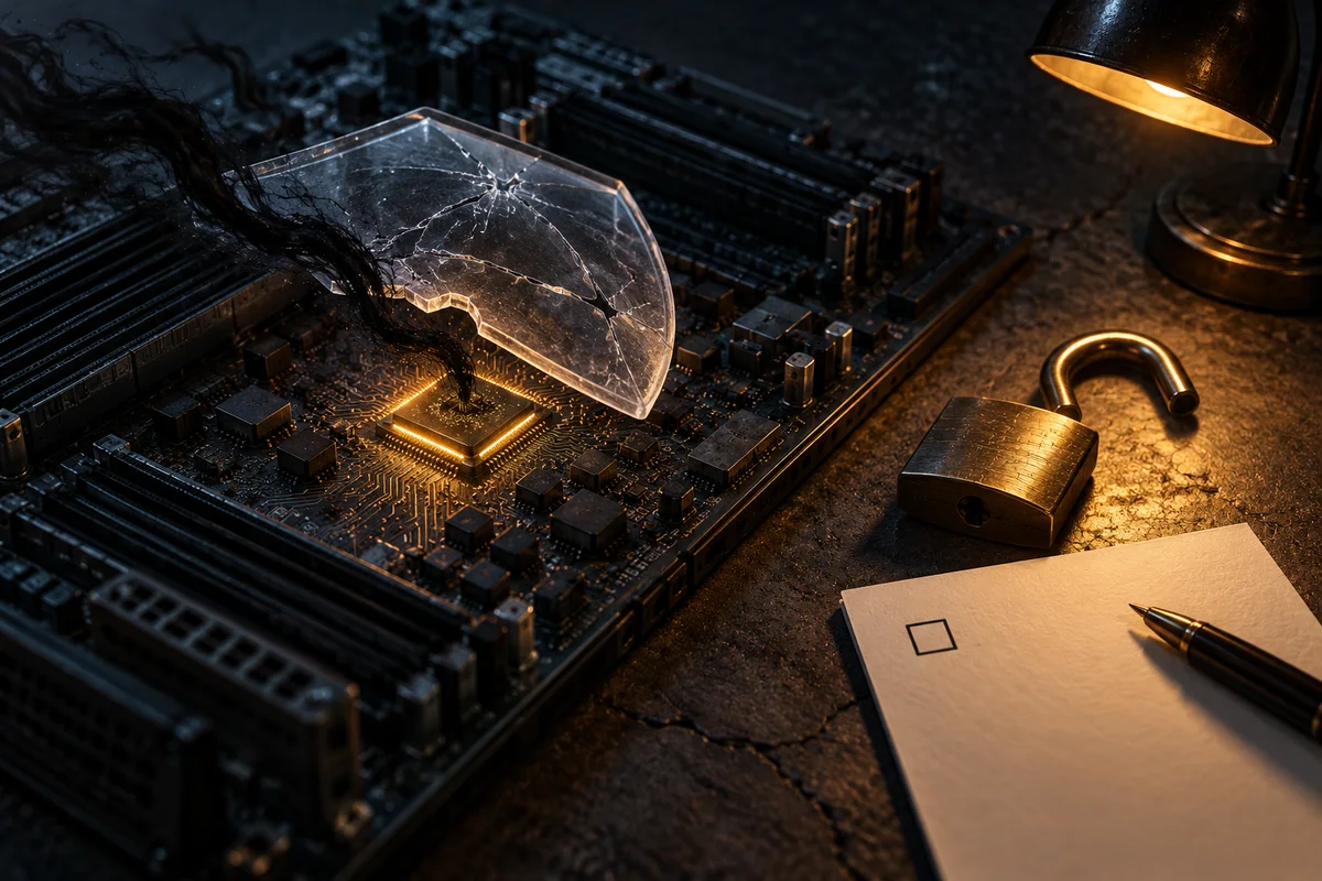 Carte mère sombre vue de dessus, dont la puce de firmware luit d'une lumière ambrée. Une ombre fine se glisse sous un bouclier translucide fissuré. À côté, un cadenas ouvert et une liste de contrôle vierge dont une case n'est pas cochée.