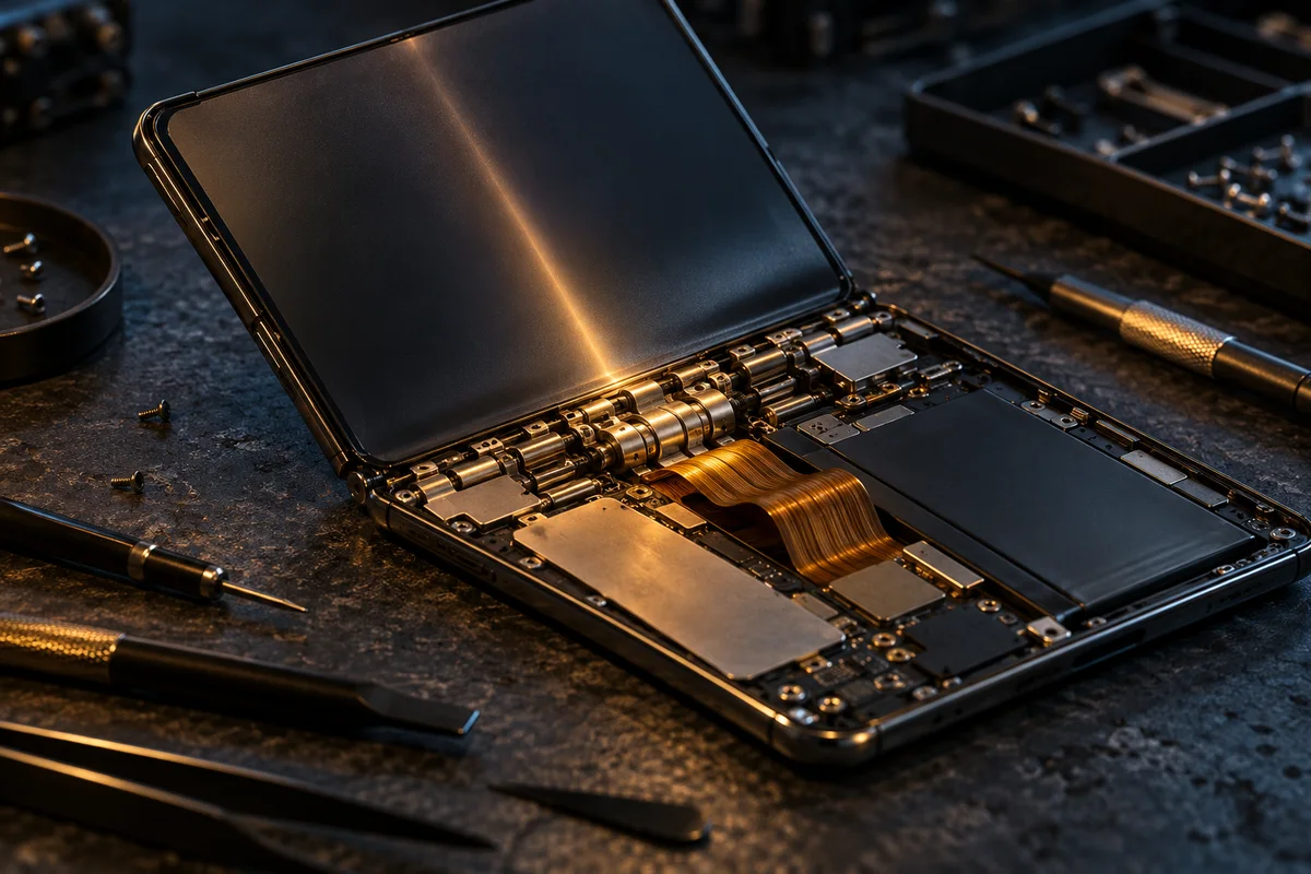 A disassembled iPhone Duo laid out on a workbench, with its folding display, hinge mechanism and accordion ribbon cable next to the battery