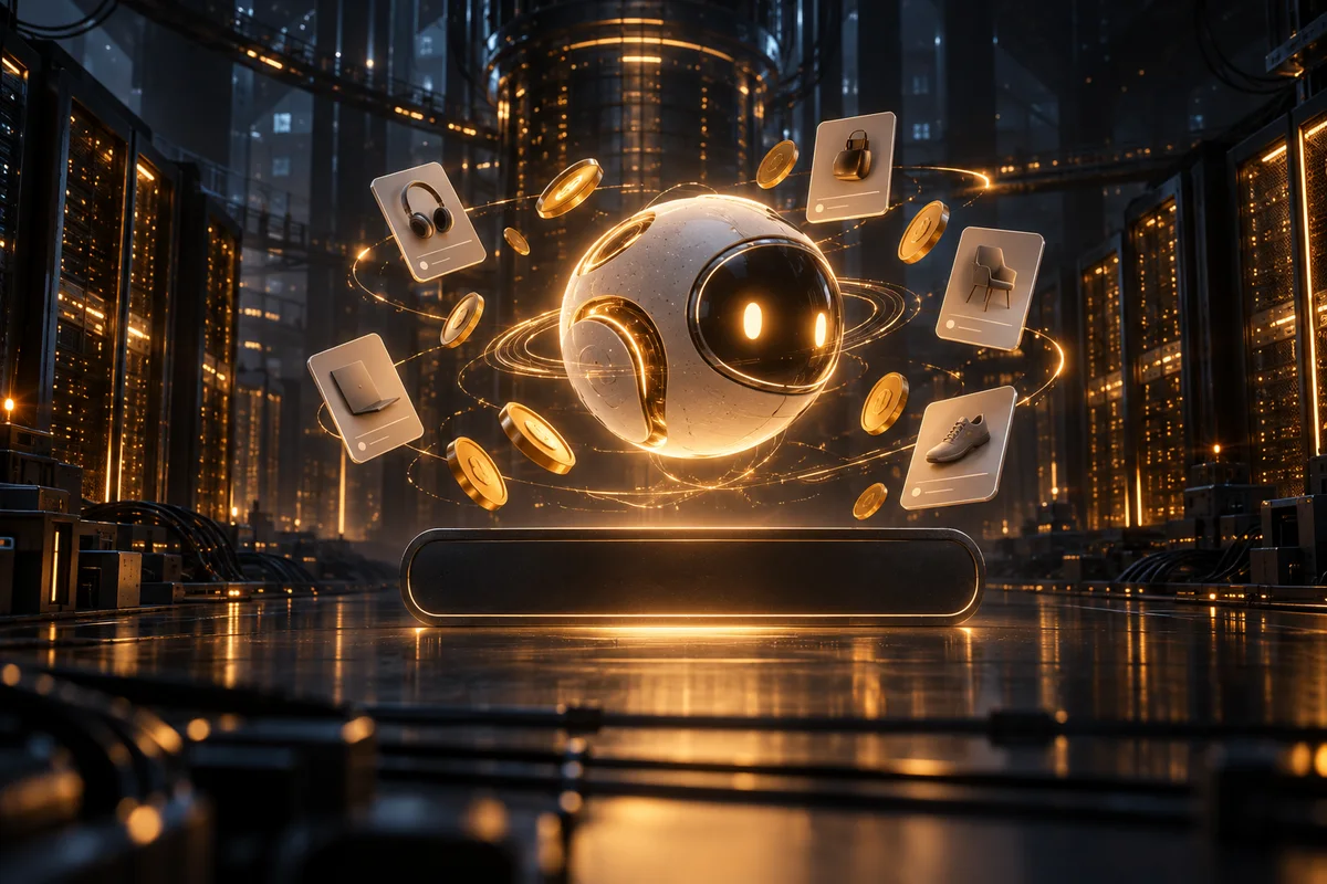Illustration conceptuelle d’un assistant lumineux entouré de pièces et de fiches commerciales, devant un centre de données sombre éclairé par des lueurs ambrées.