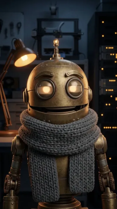 Iggy, a small brass automaton with large amber glass eyes and a grey knitted scarf, in the workshop