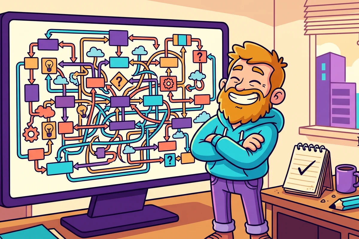 A cartoon developer, arms crossed and grinning proudly, admires a screen full of a tangled flowchart, next to a small dusty notepad bearing a single checkmark.