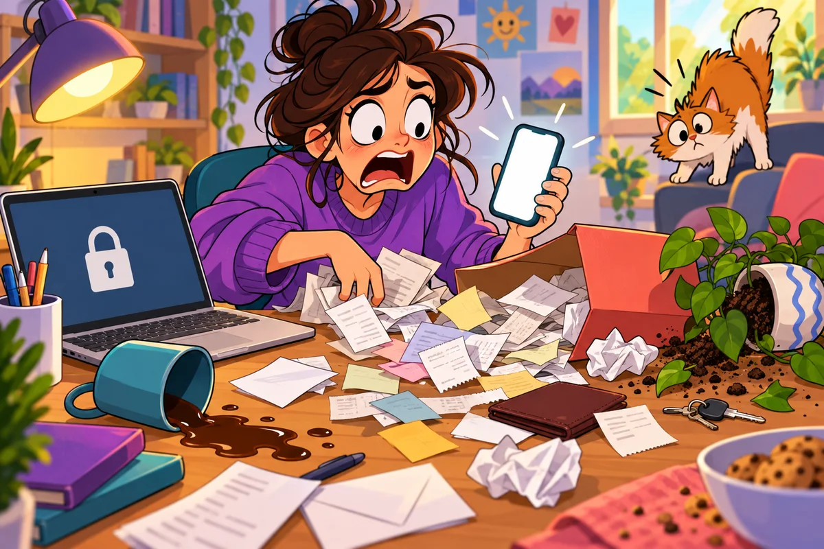 Illustration cartoon : une personne à son bureau tient un téléphone fraîchement réinitialisé à l'écran vide, l'air horrifié, tout en fouillant une boîte de vieux papiers renversée ; sur l'ordinateur portable à côté, un gros cadenas fermé.