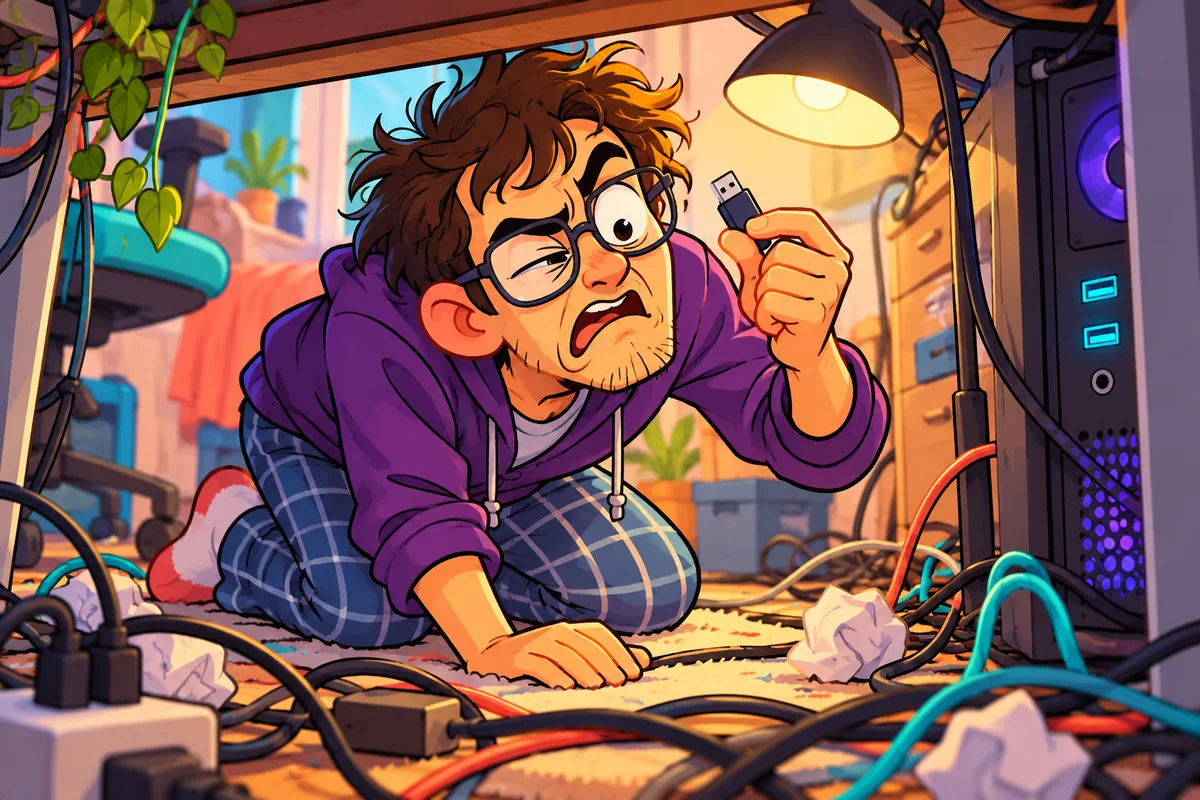 Drawing of a person crouching under a desk, staring at a USB stick up close in disbelief, in front of a computer tower's ports, surrounded by tangled cables.